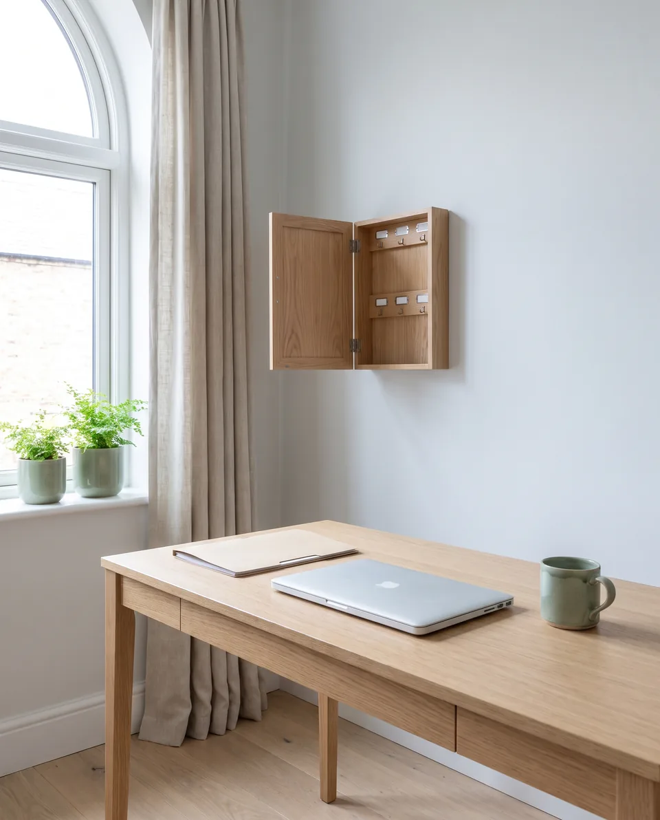 Property manager's desk by a window with a laptop, a key box and a lease folder