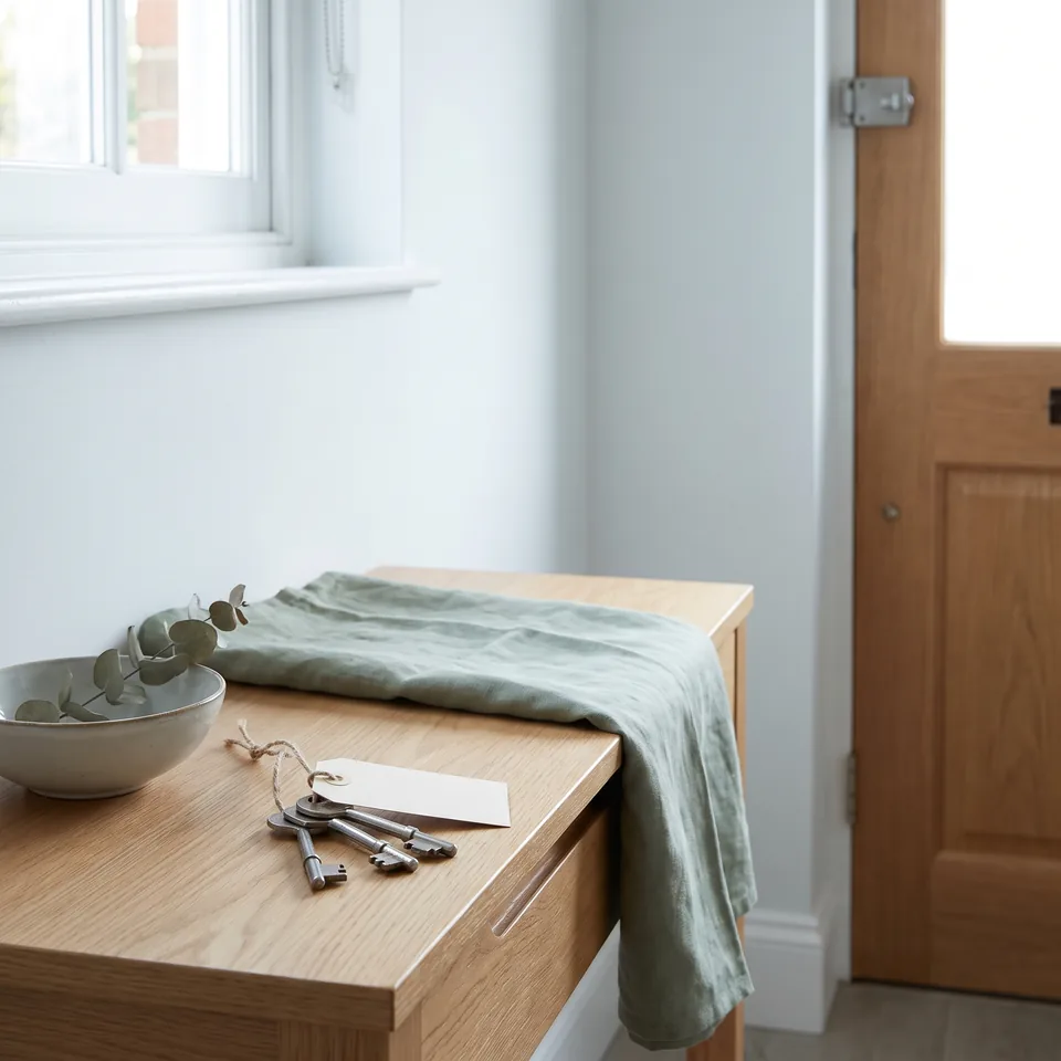 Keys to a rental apartment on a hallway console by the front door