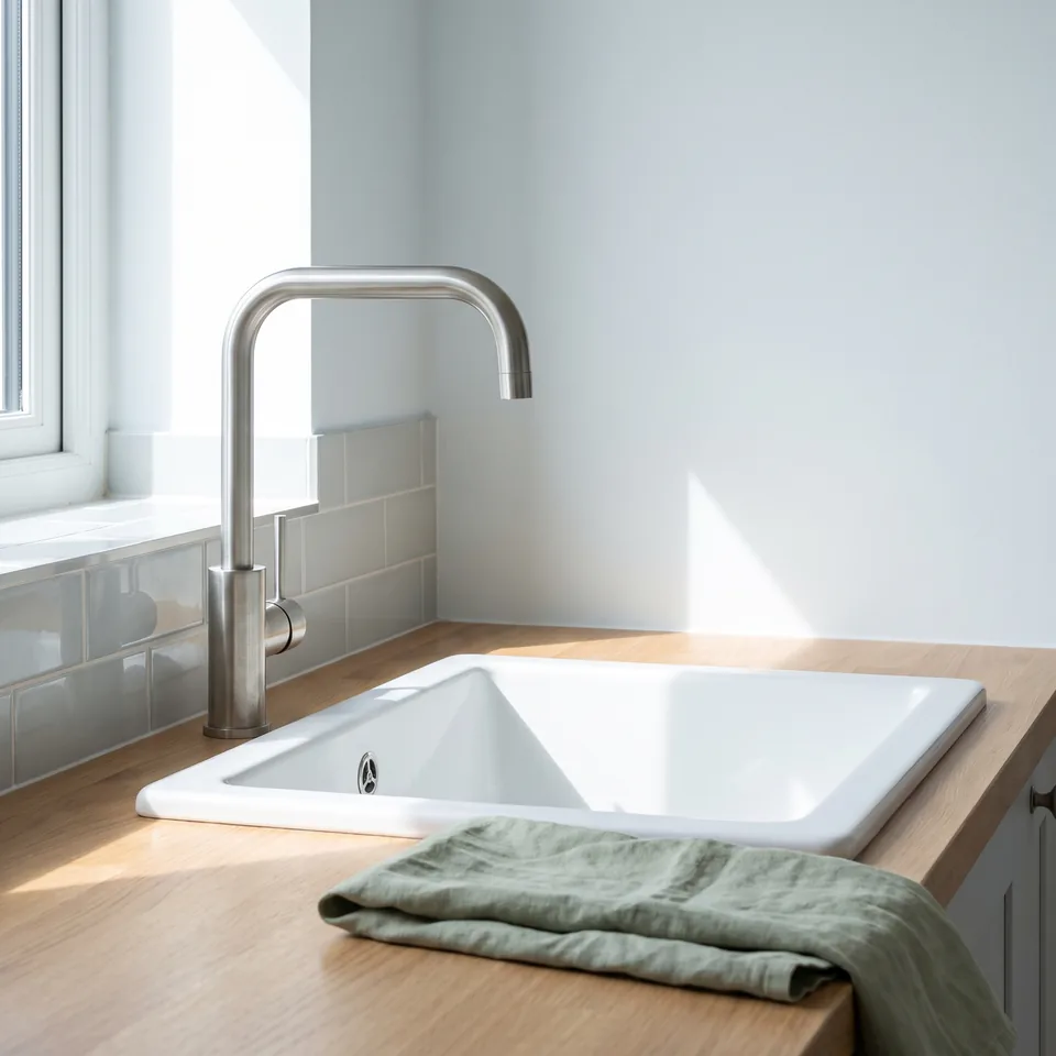 Kitchen sink and tap in a rental apartment after a repair