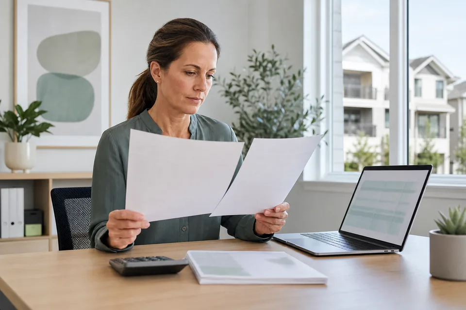 Property manager comparing two software price quotes at a desk with a laptop