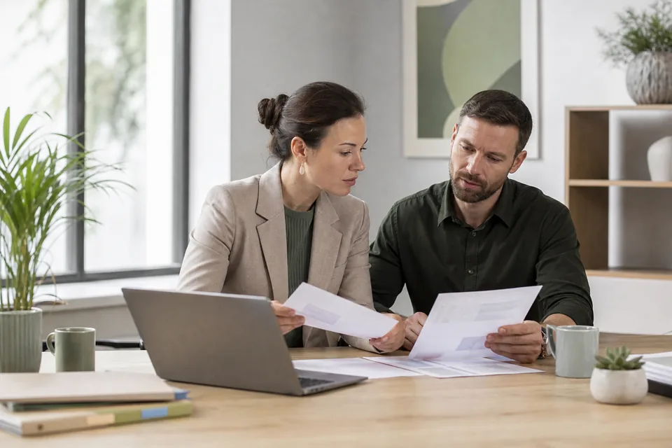 Two property managers reviewing owner statements at a shared desk in a bright office